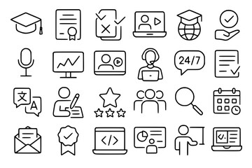 Fototapeta premium Digital Learning and Online Education Line Icons Set. Digital learning, online education, e-learning, distance learning, remote, study, school, university, college, student, teacher, professor, gradua