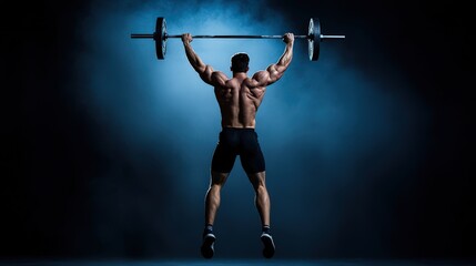 Muscular Man Performing Overhead Barbell Lift in Dramatic Studio Lighting