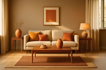 Cozy modern living room with cream sofa and terracotta accents in soft natural lighting and earth tones