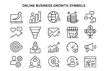 Fototapeta premium Online Business Growth Line Icons Set. Business, growth, online, marketing, finance, analytics, data, graph, chart, money, coin, profit, income, investment, startup, rocket, launch, target, goal, succ