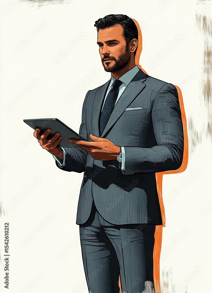 Poster confident businessman in a sharp suit holding a tablet with focused expression against a simple ligh