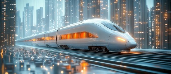 Futuristic high-speed train traveling through a glowing modern cityscape with tall illuminated skyscrapers at night