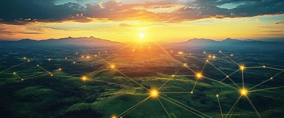 Sunset over a vast green landscape with connected glowing points forming a network pattern across hills under a dramatic sky