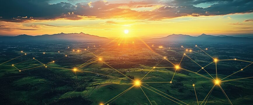 Sunset over a vast green landscape with connected glowing points forming a network pattern across hills under a dramatic sky