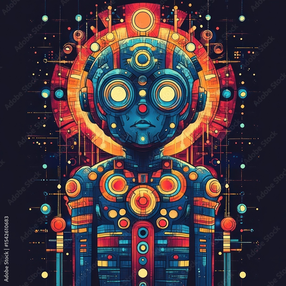 Poster futuristic robot figure with large circular eyes surrounded by glowing orbs and intricate circuitry,