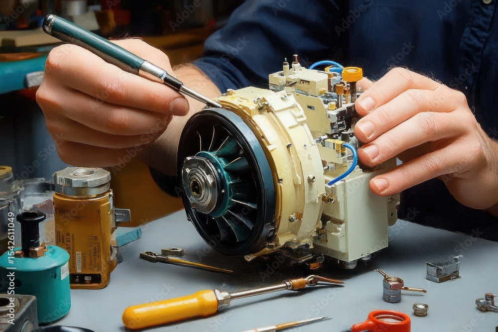 Poster close-up of a person repairing a mechanical component with a screwdriver on a workbench surrounded b
