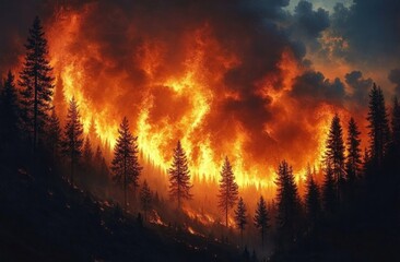 Intense wildfire burning through dense forest with tall trees silhouetted against bright orange flames and dark smoke under a dramatic cloudy sky