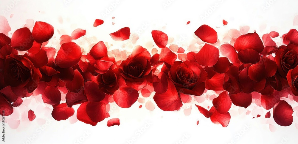 Poster close-up view of vibrant red rose flowers and scattered petals on a bright white background creating