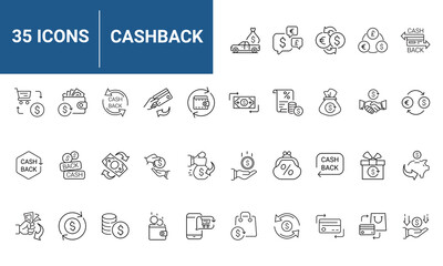 Cash Back Web Icon Set in Line Style. Collection of Money Movement Linear Icons, Including return money, cashback, profit, payment, income, money, refund, gain, profit and More. Editable Stroke.