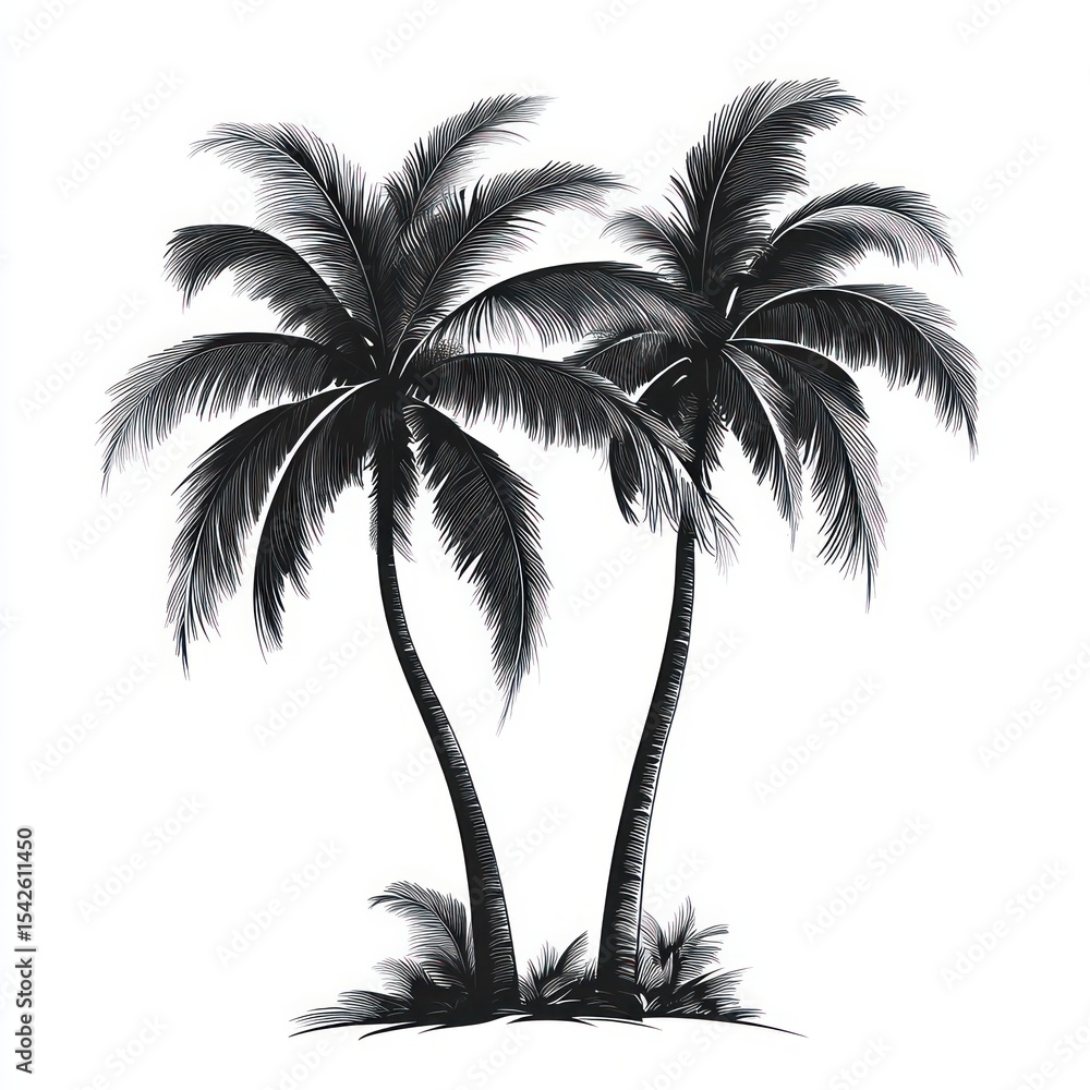 Poster two tall palm trees with lush fronds rooted on a small grassy patch with gentle shadows creating a c