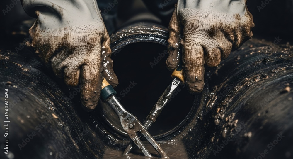Poster man in dirty glove with tool cleaning sewer pipe. professional plumber fixing underground drainage s