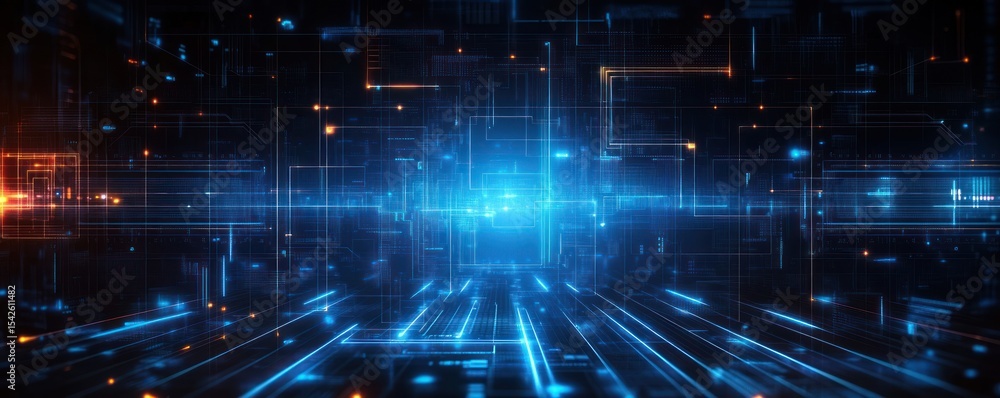 Poster futuristic digital landscape with glowing blue and orange circuit-like lines and grids creating a hi