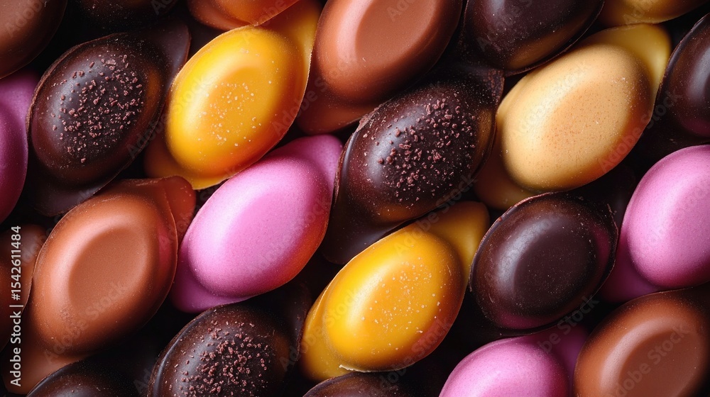 Poster close-up of colorful oval-shaped assorted chocolates with smooth and textured surfaces in shades of 