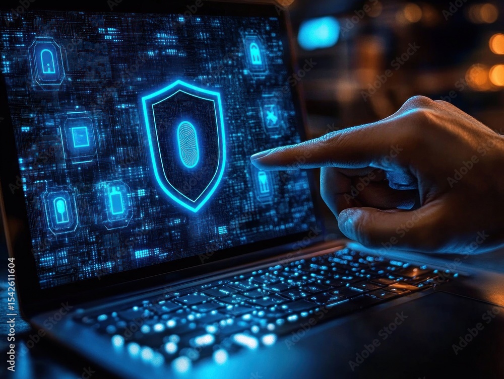 Poster close-up of a hand interacting with a laptop screen displaying digital security icons including a sh