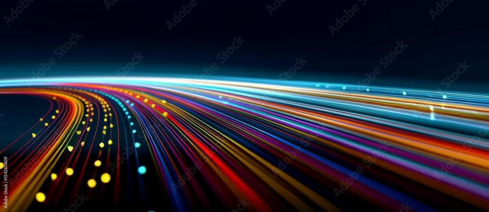 Poster abstract background with colorful lines and light effects on a dark blue backdrop, creating an atmos