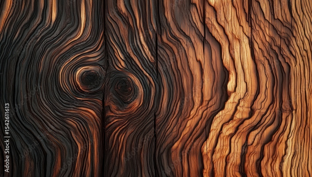 Poster close-up of textured wood surface with deep grain patterns illuminated by warm light highlighting na