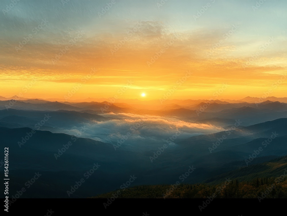 Poster sun setting over rolling mountain ranges with golden sky and mist filling the valleys creating a pea