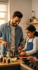 Arab single father cooking with young daughter in cozy modern kitchen