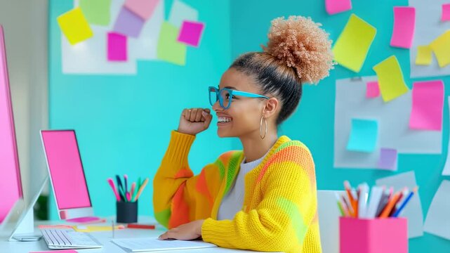 Smiling woman with fist up at desk with colorful notes
