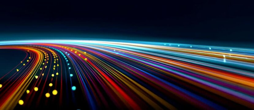 Abstract background with colorful lines and light effects on a dark blue backdrop, creating an atmosphere of digital technology and data transfer in motion Generative AI