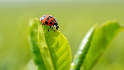Fototapeta premium ladybug on green leaf