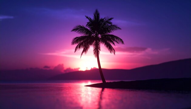 Solitary palm tree on the beach during a purple and pink sunset