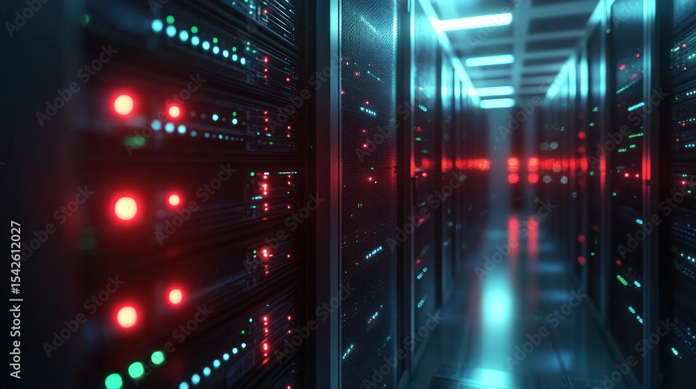 Poster dimly lit data center corridor with rows of black server racks illuminated by small red, green, and 