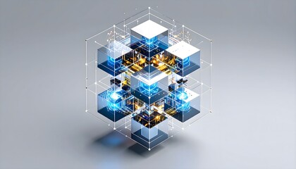 Isometric view of modular quantum sculpture: floating hexagonal modules with glass-like surfaces connected by pulsating light tunnels in electric blue and molten gold.