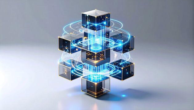 Isometric view of modular quantum sculpture: floating hexagonal modules with glass-like surfaces connected by pulsating light tunnels in electric blue and molten gold.