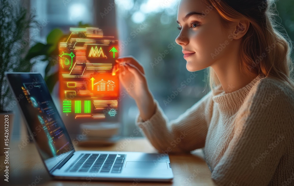Poster young woman using laptop with holographic financial and data analytics projection showing graphs and