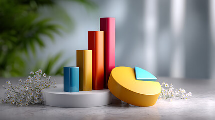 Colorful 3D Bar and Pie Charts on White Background with Flowers