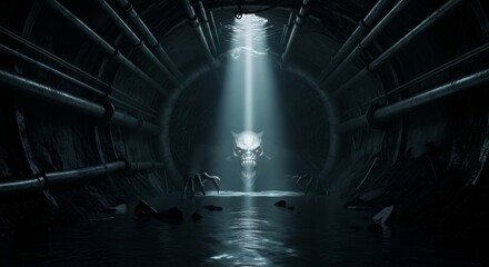 Glowing red eye monster head emerging from a dark sewerage tunnel with light beam. Horror monster for Halloween concept.