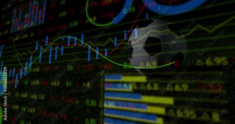 Poster ball appearing on ticker triggers line graphs animating pie or bar charts fading visualizing data
