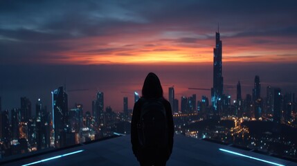 Obraz premium Silhouetted figure gazes at a futuristic cityscape at dawn