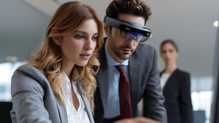 Focused Business Team Using Augmented Reality Headset and Computer in Modern Office