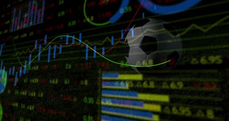 ball appearing on ticker triggers line graphs animating pie or bar charts fading visualizing data - Powered by Adobe