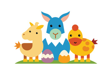 Farm Animals Celebrating Easter Together on a White Background Illustration