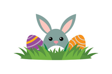 Easter Bunny Hiding in Grass with Decorated Eggs on White Background