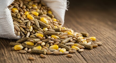 Mixed grains spilling from a bag
