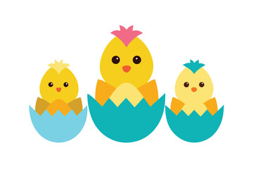 Adorable Baby Chicks Hatching from Easter Eggs on White Background