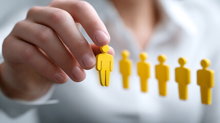 Hand Selecting a Yellow Wooden Figure from a Row of Figures, Human Resources Concept