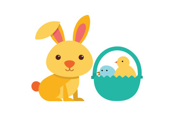 Easter Bunny and Chick Sharing an Easter Basket Illustration