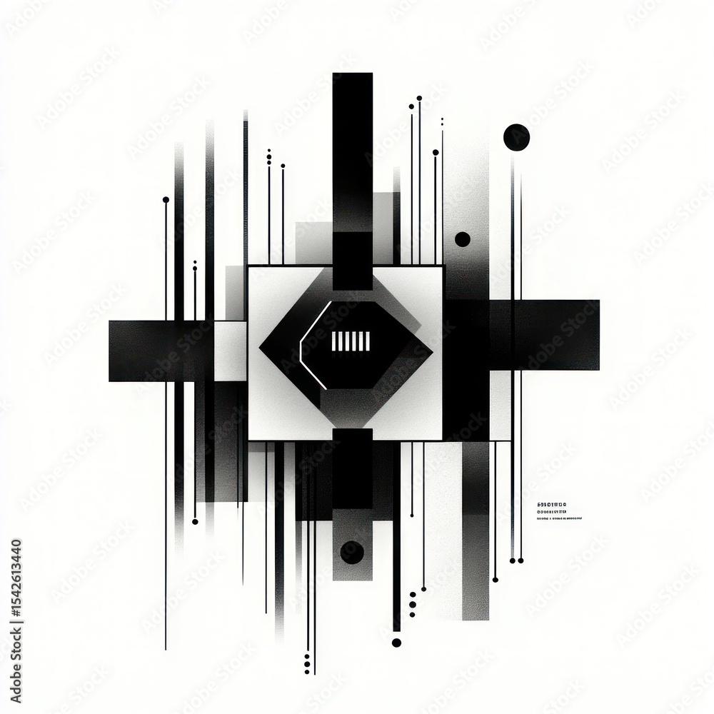 Poster abstract geometric composition with black and gray rectangles, squares, vertical lines, and dots on 