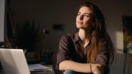 Pensive Woman with Long Brown Hair Sitting by Window in Sunlit Room