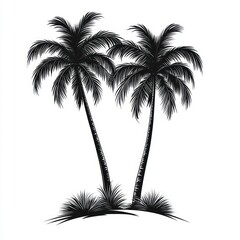black and white silhouette of two tall palm trees with grass on a small mound evoking a tropical and serene atmosphere
