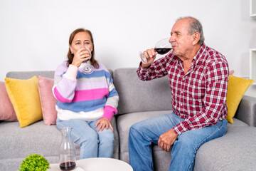 Senior couple enjoying wine on sofa in living room