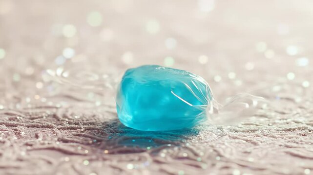 Closeup view of a single vibrant blue hard candy in a clear wrapper on a textured background