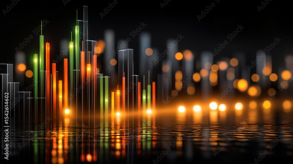 Poster abstract financial data visualization: illuminated data bars shimmer and reflect in the dark water, 
