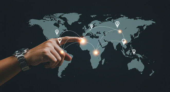 A hand touching a world map with location pins and connecting lines on a dark background display screen