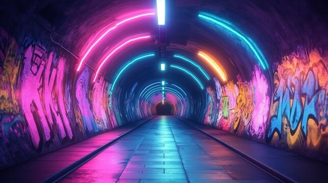 Colorful illuminated tunnel with vibrant neon lights and graffiti art on walls creating a futuristic and dynamic atmosphere